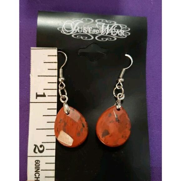 Natural Red Jasper Dangle Earrings Teardrop Shape Marbled Red Color, Silver Tone - Picture 5 of 6